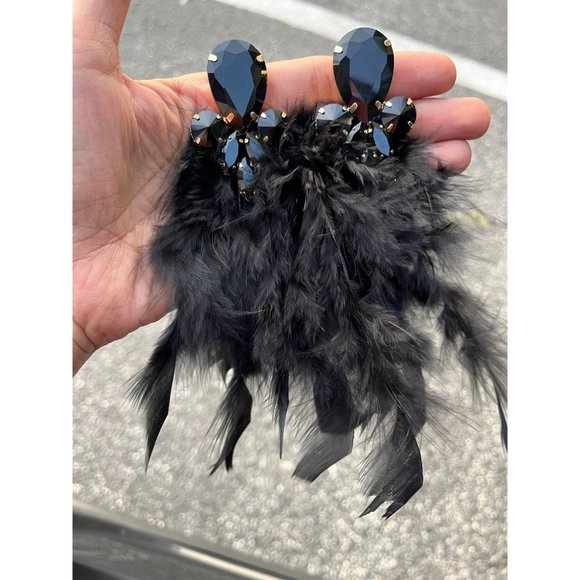 Large black earrings Fur oversized crystal wedding earrings showgirl pageant - Picture 5 of 6